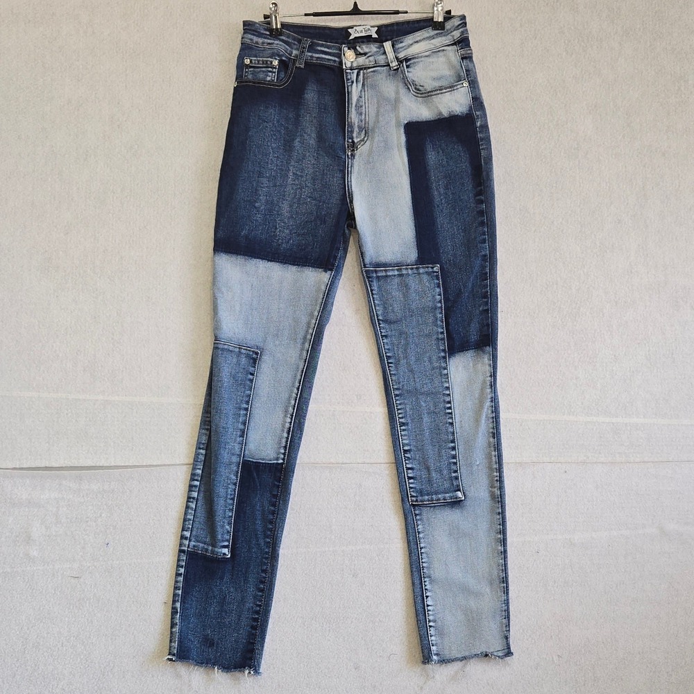Blue Topic Patchwork Skinny Jeans Womens 11/12 Multi Tone Blue Denim Raw Hem